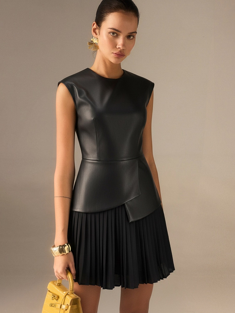 Commense Pleated Panel Sleeveless PU Leather Dress